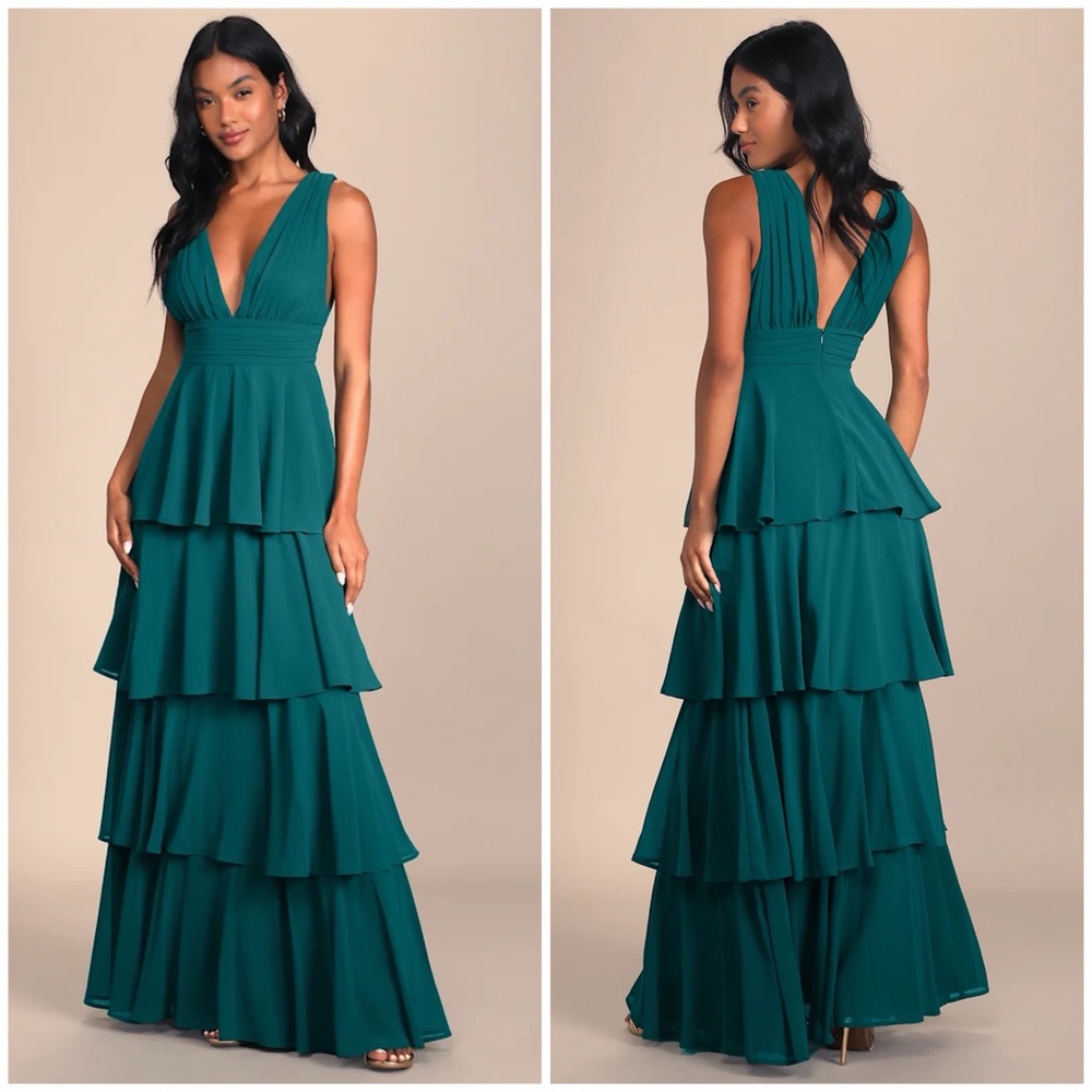 Deep Teal V-Neck Tiered Maxi Dress